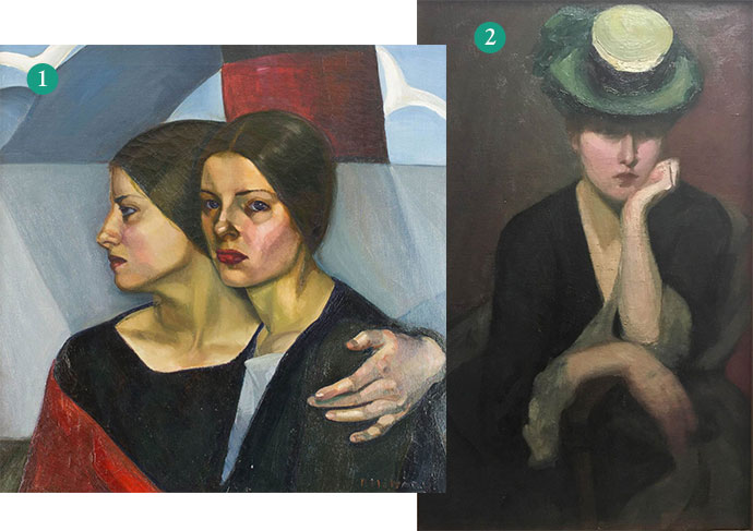 Prudence Heward, The Emigrants, circa 1928. Oil on canvas, 66 x 66 cm, private collection; Mary Riter Hamilton, Woman Sitting and Thinking, J. A. V. David Museum, Manitoba.